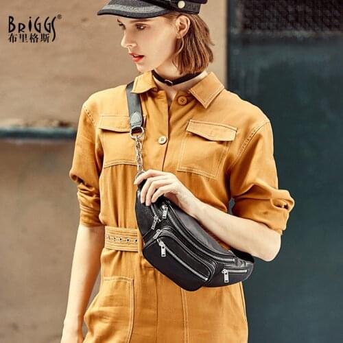 BRIGGS 100% Genuine Leather Fashion Womens Chest Bag High Quality Chain Messenger Bags Classic Black Crossbody Bags For Women