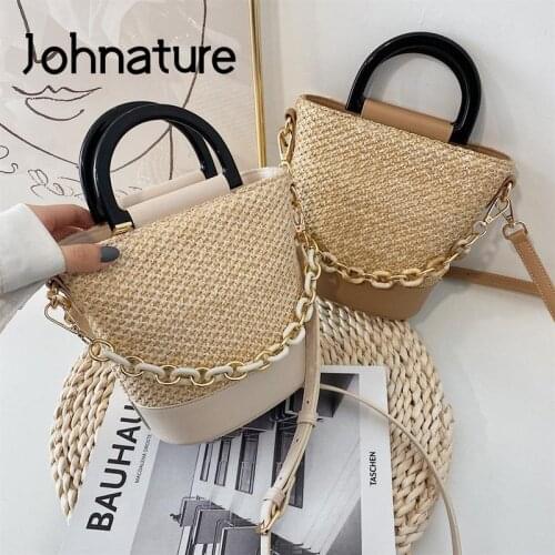 Johnature Fashion Women Straw Bag 2021 New Versatile Portable Woven Handbag Leisure Summer Holiday Beach Shoulder Crossbody Bags