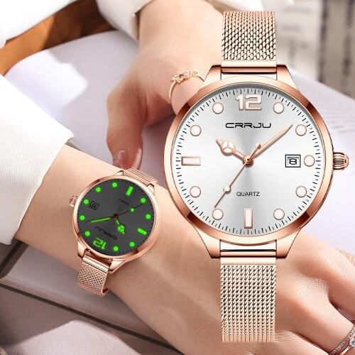Woman Watch CRRJU Womans Fashion Big Face Dark Light Quartz Waterproof Wristwatch Rose Gold Mesh Ladies watch relogio feminino