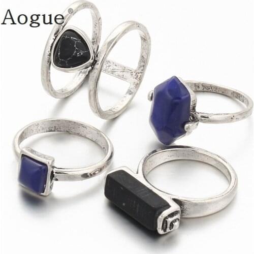 4 Pieces Retro Bohemian Rings Set Lmitation Black And Blue White Stone Carved Midi Ring Set Boho Ring Set