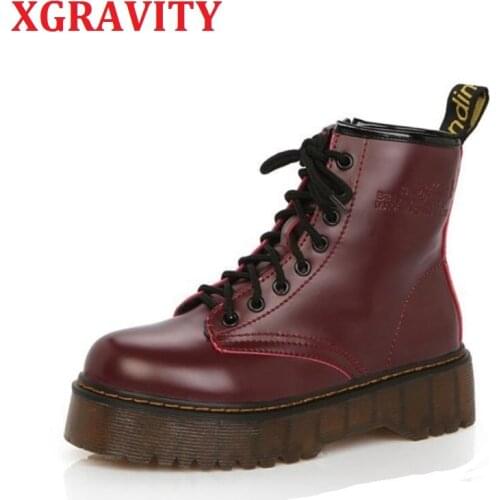 XGRAVITY New Simple High Quality Women Thick Sole Platform Boots PU Patent Ladies Boots Motorbike Footwear Motorcycle Boots Shoe
