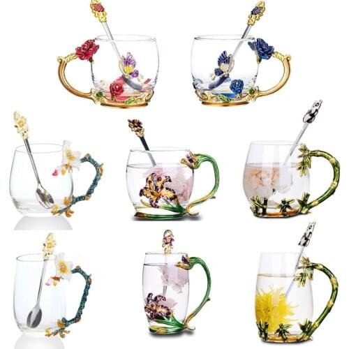 Color Enamel Glass Coffee Mugs Tea Cups With Spoon Heat Resistant Water Home Office Drinkware Lovers Gift