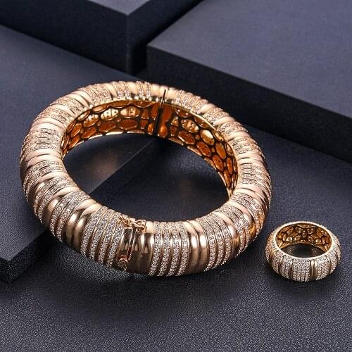 Janekelly luxury Unique African Bangle Ring Set Jewelry Sets For Women Wedding Cubic Zircon Crystal CZ Dubai Bridal Jewelry Set