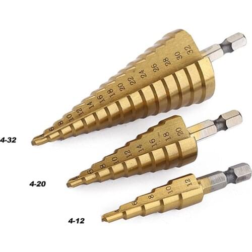 3Pcs Step Drill Bit Set 4-12mm 4-20mm 4-32mm Hss Straight Groove Hexagonal Shank Step Perforator Hole Cutter Drill Piercing Tool