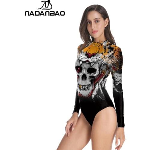 NADANBAO Halloween Skull Printed One-Piece Swimsuits Women Sexy Slim Long Sleeve Swimming Sports Wear Summer Skinny Bathing Suit