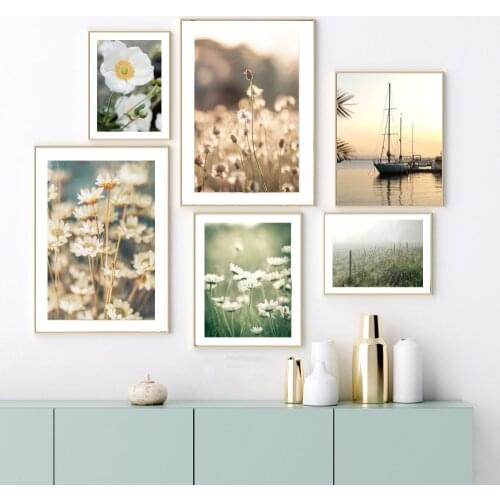 White Flower Grass Leaf Ship Sea Natural Wall Art Canvas Painting Nordic Posters And Prints Wall Pictures For Living Room Decor