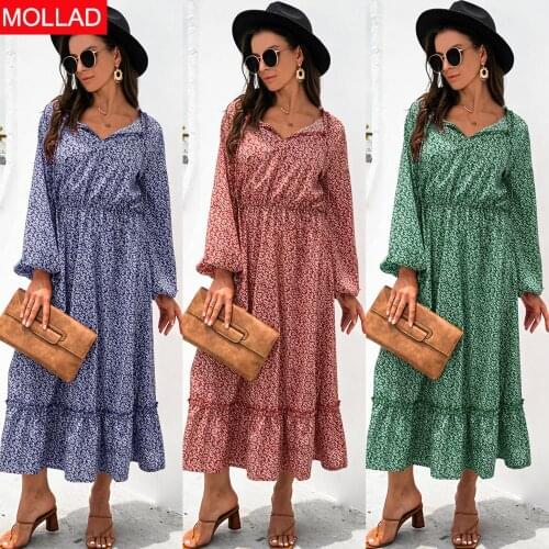 2021 Spring and Autumn Wishebay New Hot Sale Long Sleeve V-neck Floral Long Sleeve Dress
