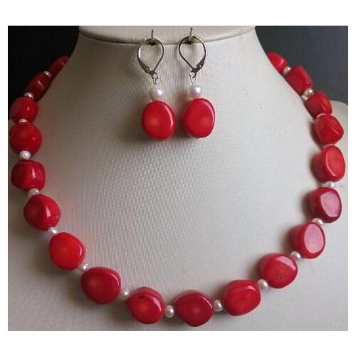Charming Pearl Jewelry Set 45cm 12-13MM Red Coral White Freshwater Pearl Necklace Earrings