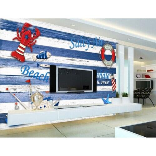 Custom vintage wallpaper, blue Mediterranean wood board sailing lighthouse for the living room bedroom TV background wall paper