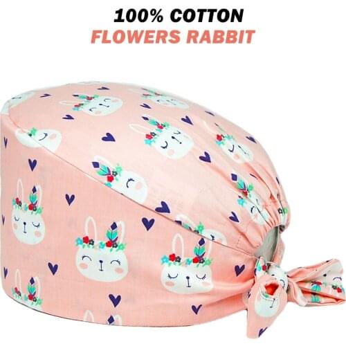 Scrub Hats 100% Cotton Floral Rabbit Printing Adjustable Nursing Cap Beauty Salon Pet Shop Lab Working Accessories Scrubs Caps