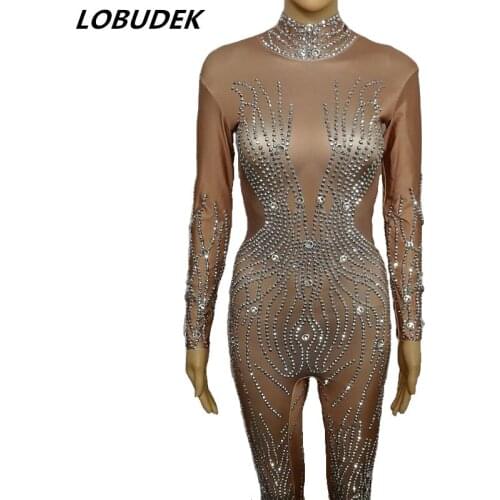 Women High Neck Silver Rhinestones Nude Jumpsuit Elastic Leotard Sexy DJ Singer Nightclub Bar Stage Wear Pole Dancing Costumes