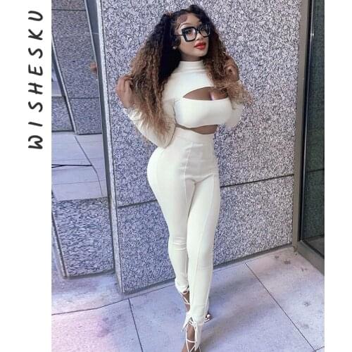 Women Two Piece Set Sexy Turtleneck Cut Out Long Sleeve Tshirt +High Waist Skinny Split Pencil Pants 2021 Autumn Tracksuits