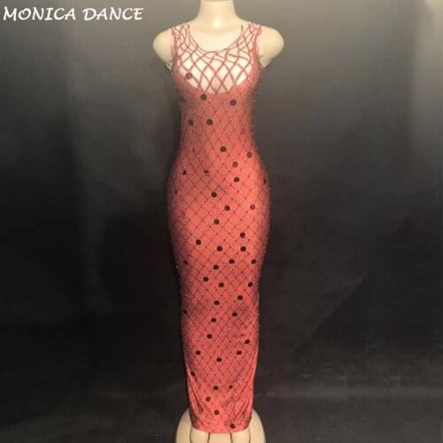 Women Sexy Stage Red Long Dress Sleeveless 3D Printing Grid Nightclub Party Performance Dancer Singer Stage Wear Bling Costumes