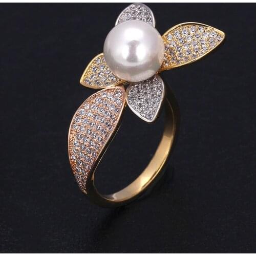 Bride Talk Luxury Promotion Petal Pearl Multicolor Ring Cubic Zironium Engagement Dubai Girls Ring Bridal Fashion Finger Jewelry
