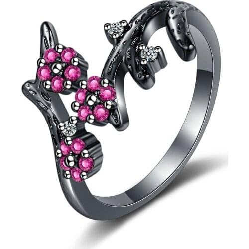 Ring Women-encrusted Diamond Black and Gold Branches Adjust The Size of The Ring Temperament Leaves Single Ring Children