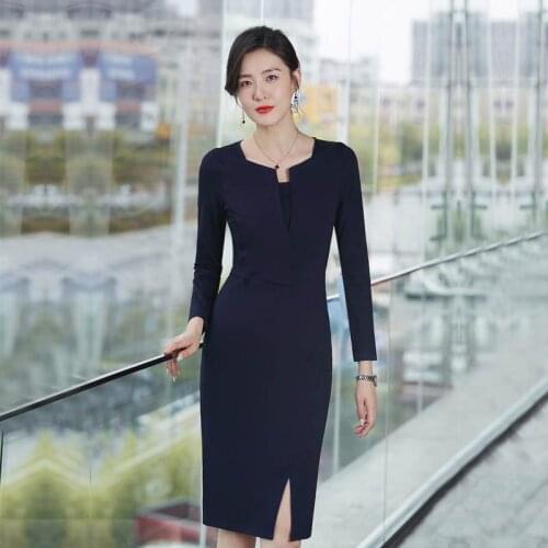 2020 Autumn and winter mid length dress temperament round neck versatile sexy elegant style show thin waist split skirt