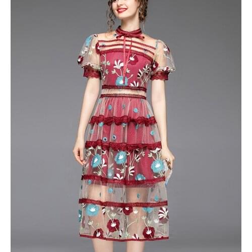 Womens spring summer short sleece embroidery transparent mesh dress female runway fashion high waist medium long dress TB934