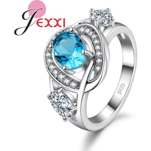 Elegant Jewelry Stainless S925 Stamp Silver Rings Fashion Finger Decoration Women Wedding Rings White Blue Crystal Stone