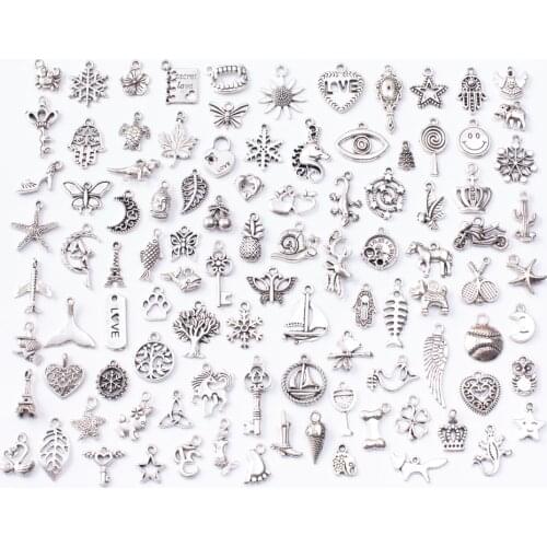 100pcs 100 different Tibetan Silver Mixed Styles Charms Pendants DIY Jewelry for Necklace Bracelet Making Accessaries js2232