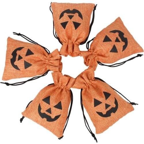 100pcs/lot Wholesale 10x14cm Pumpkin Printed Drawstring Storage Package Bags Halloween Party Candy Jute Linen Pouches Organizer