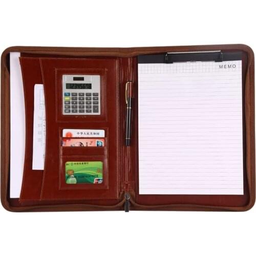 A4 Document Folder PU Leather Zipped Ring Binder Conference Bag Business Briefcase Office School Supply with calculator notebook