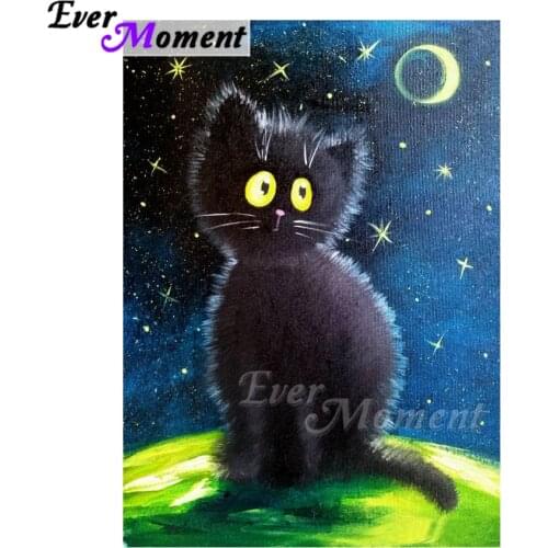 Ever Moment Diamond Painting 5D DIY Black Cat on Grass Moon Mosaic Full Square Drill Diamond Embroidery Cross Stitch ASF2006