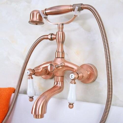 Antique Red Copper Brass Double Ceramic Handles Wall Mounted Bathroom Clawfoot Bathtub Tub Faucet Mixer Tap w/Hand Shower ana310