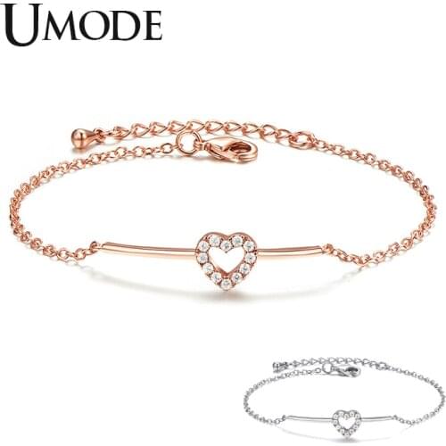 UMODE Hollow Heart Link Chain Bracelets Rose Gold Cubic Zirconia Women Bracelet Luxury Brand Accessories Free Shipping UB0170
