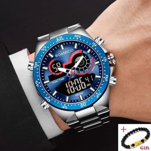 BOAMIGO Sports Mens Digital Analog Blue Quartz Watch Fashion Mens Watches Stainless Steel Top Brand Luxury Clock for Men Man