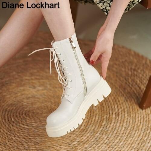 Black Platform Combat Ankle Boots Women Round Toe Lace Up Rock Shoes Woman Autumn Winter Flat Biker Boots Motorcycle Botas Mujer