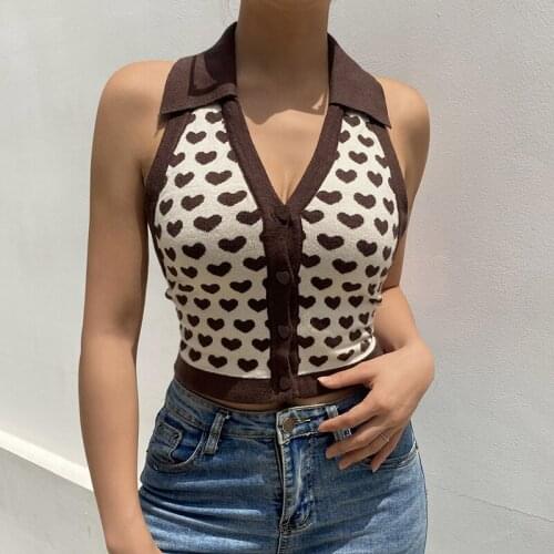 Womens Heart Print Tank Tops, Sexy Button Front Lapel Sleeveless Knitted Crop Tops