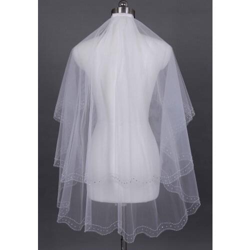 2-layer Beaded embroidered bride veil White Beige wrist length-comb veil crystal