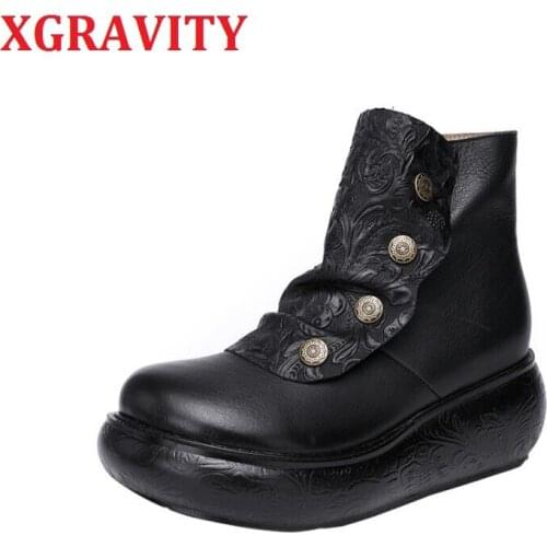 XGRAVITY Hot Branded Ladies Fashion Shoes Wedge Platform Boots Winter Autumn Round Toe Short Boots Ethnic Ladies Footwear S110