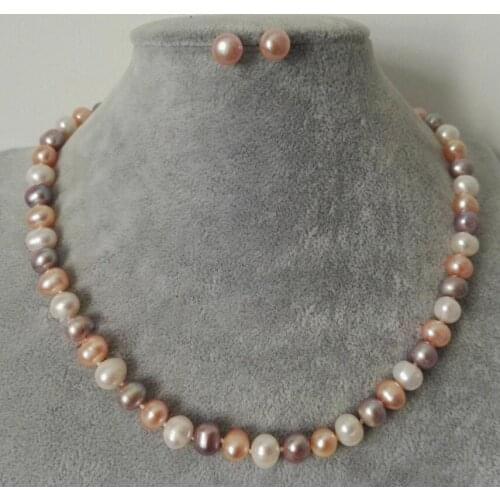 Fashion jewelry Free Shipping Womens 7-8mm Natura Mixed colors Freshwater Pearl Necklace Earrings Set