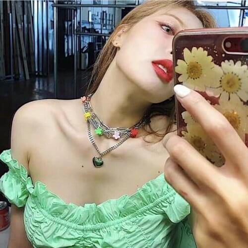 2021 Korean New Colorful Flower Clip Multi-layer Heart Pendant Silver Chain Line Lock Chain Necklace for Women Jewelry Girls Gir