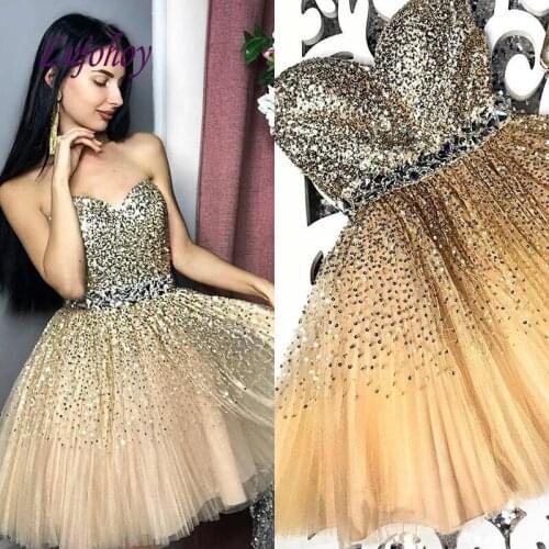 Champagne Short Homecoming Dresses for Girls Sequin Tulle Women Cocktail Prom Grade 8 Graduation Dresses