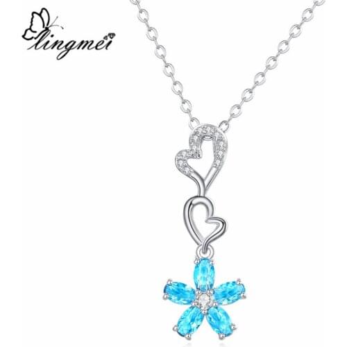 Lingmei Pretty Flower Women Jewelry Sea blue & White & Purple Cubic Zircon Silver Color Wedding Pendant Likeable Gift