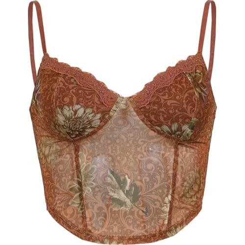 Fashion Mesh Printed Crop Tops Slim Sexy Halter Camisole Female Sexy Camisole off-Shoulder Top Womens Clothing Tanks Tops