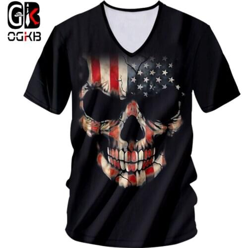OGKB Hiphop Punk Sexy V Neck Tee Shirt Women/mens Cool Print American Flag 3D T-shirt Skull T Shirt Casual Tshirts New Harajuku