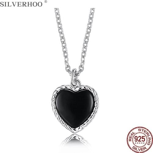 SILVERHOO 925 Sterling Silver Necklace For Women Elegant Black Heart Pendant Necklaces Unique Twisted Rope Design Fine Jewelry