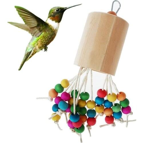 Parrot Biting Toy Wooden Bite Proof Natural Bird Chewing Toy Parrot Cage Toy Colorful Beads Tassels Hanging Chewing Toy