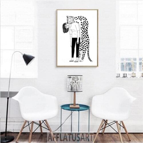 WEIWEI Leopard Girl Nordic Poster Wall Art Canvas Painting Black White Posters And Prints Wall Pictures For Living Room Decor
