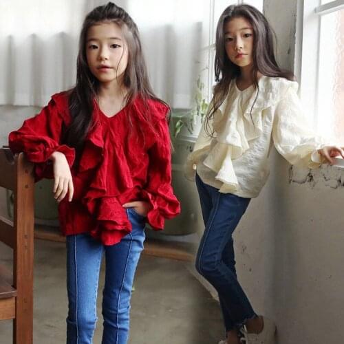 Girls Shirts Kids Winter Clothes 2021 Spring New Long-sleeved Red Blouses Cotton Shirts Girls V-neck Tees Children Clothing Tops