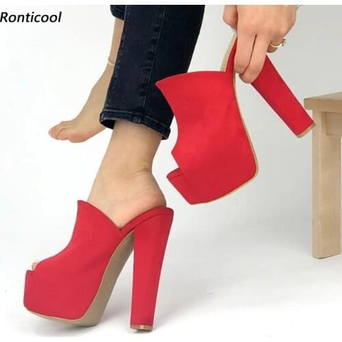 Ronticool Handmade Women Platform Mules Sandals Slippers Chunky Heels Round Toe Gorgeous Pink Purple Party Shoes US Size 5-20