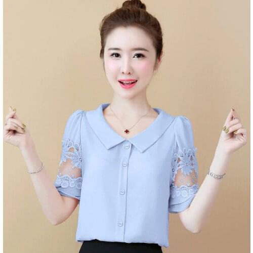 Women Spring Summer Style Chiffon lace Patchwork Blouses Shirts Lady Peter Pan Collar Short Flare Sleeve Blusas Tops DD8035