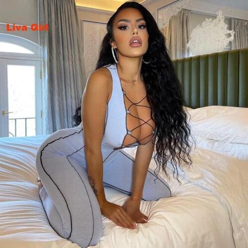 Liva Girl Solid Sleeveless Bodycon Jumpsuit Ruched Ribbed Sexy 2021 Summer Women Fashion Romper Body
