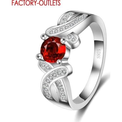Womens Charm Jewelry Shiny CZ Crystal 925 Engagement Ring With Red Stone Fashion Dancing Party Rings