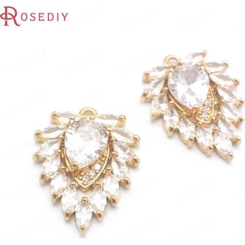 40691)4PCS 23.5x18MM 24K Champagne Gold Color Brass and Zircon Water Drop Charms Pendants Jewelry Making Supplies Diy Findings