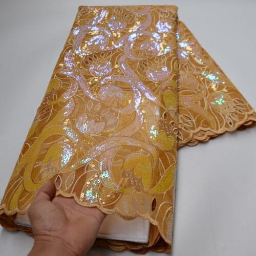 5yards/pc) High quality gold African sequins lace wonderful embroidered hand cut organza lace fabric for party dress OP166