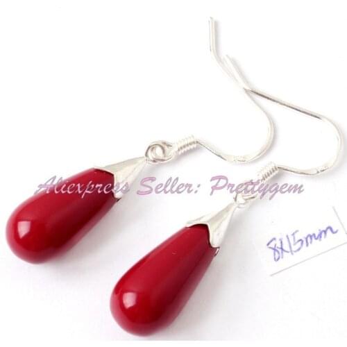 8x15mm Manmade Coral Red Olivary Shape Stone Tibetan Silver Hook Fashion Style Earrings For Woman Christmas Gift 1 Pair